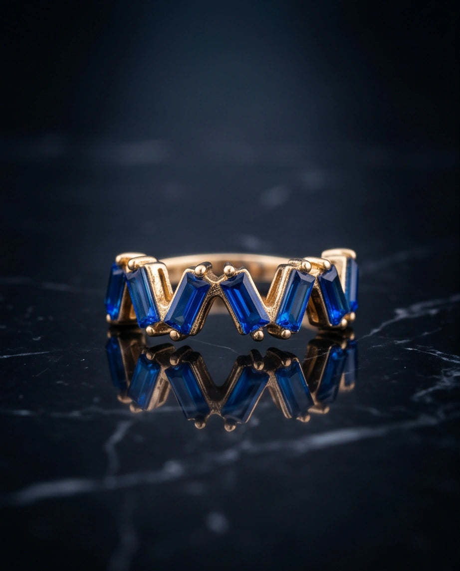 Gold Plated Blue Sapphire Baguette Zigzag Ring