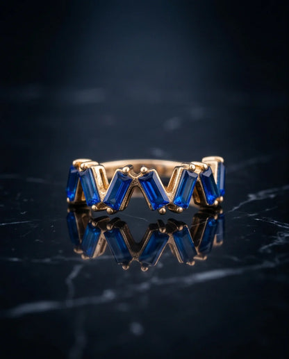 Gold Plated Blue Sapphire Baguette Zigzag Ring