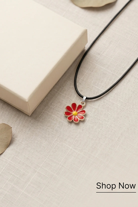 Gold and Red Daisy Pendant Necklace