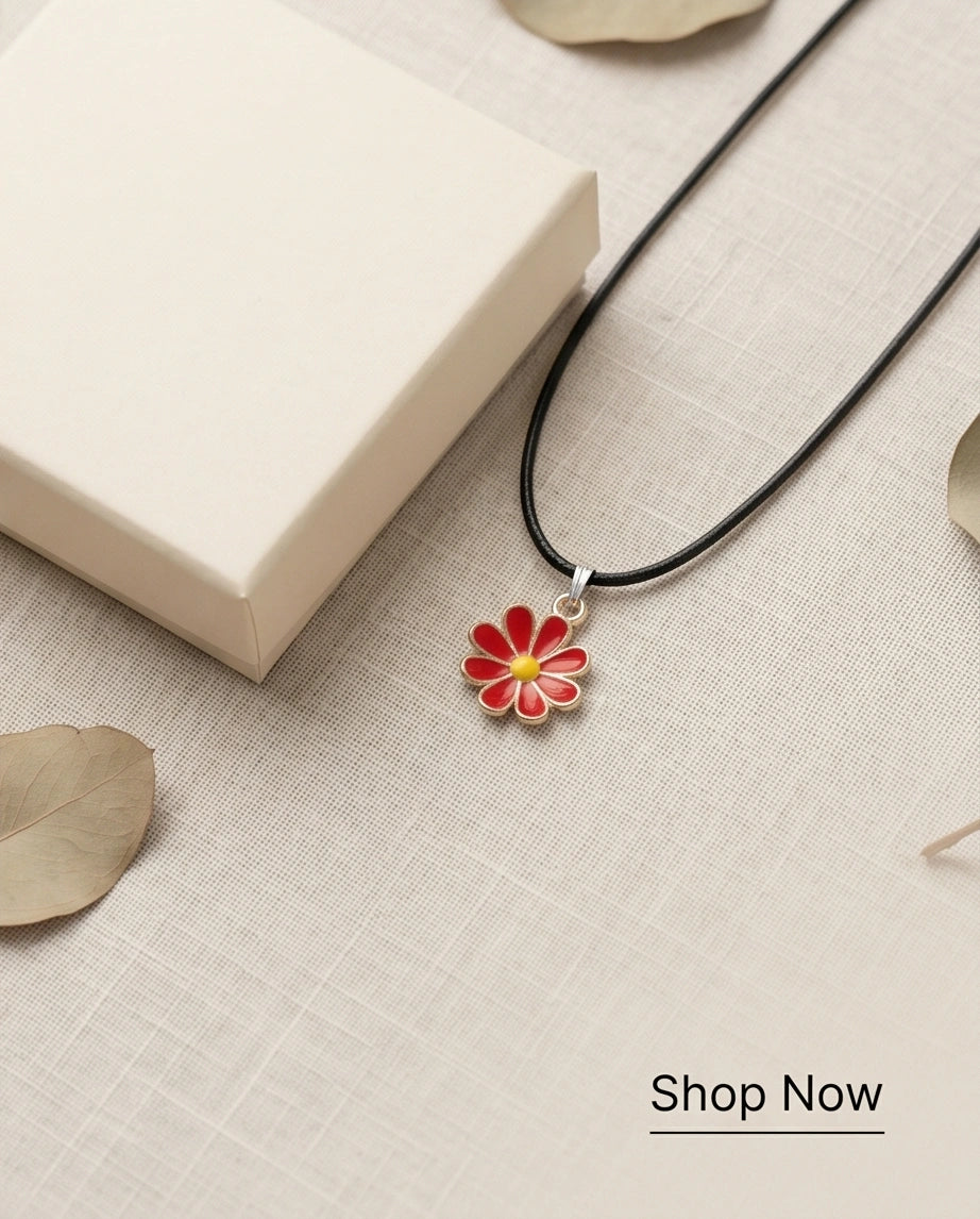 Gold and Red Daisy Pendant Necklace