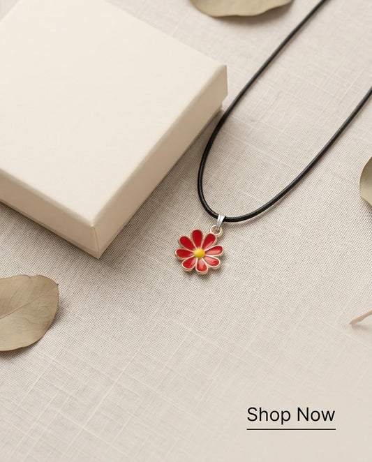 Gold and Red Daisy Pendant Necklace