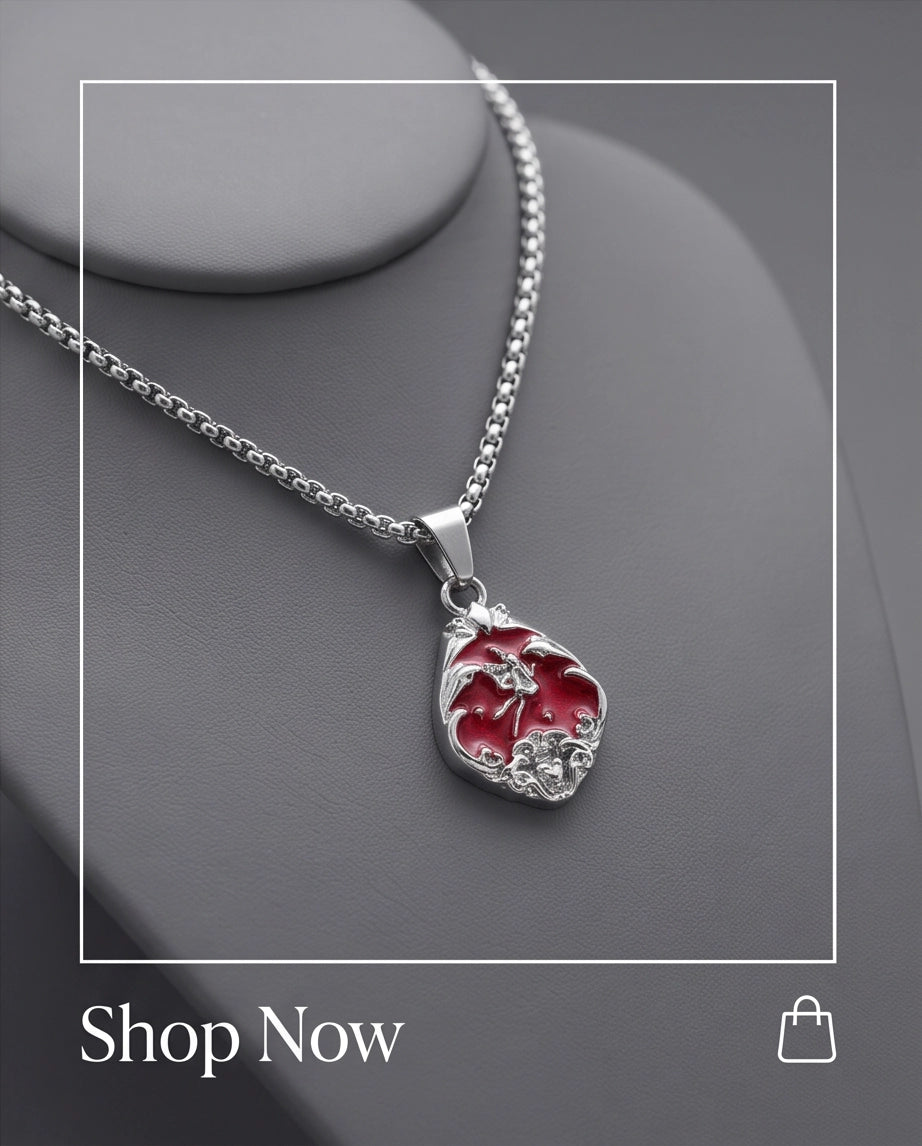 Silver Vintage Cherub Red Enamel Teardrop Pendant Necklace