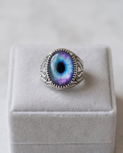 Nebula Blue-Purple Evil Eye Cabochon Ornate Scrollwork Silver Ring