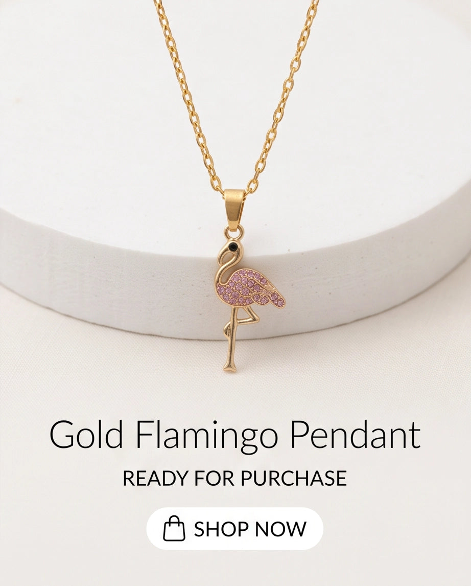 Gold Pink Crystal Paved Flamingo Pendant Necklace