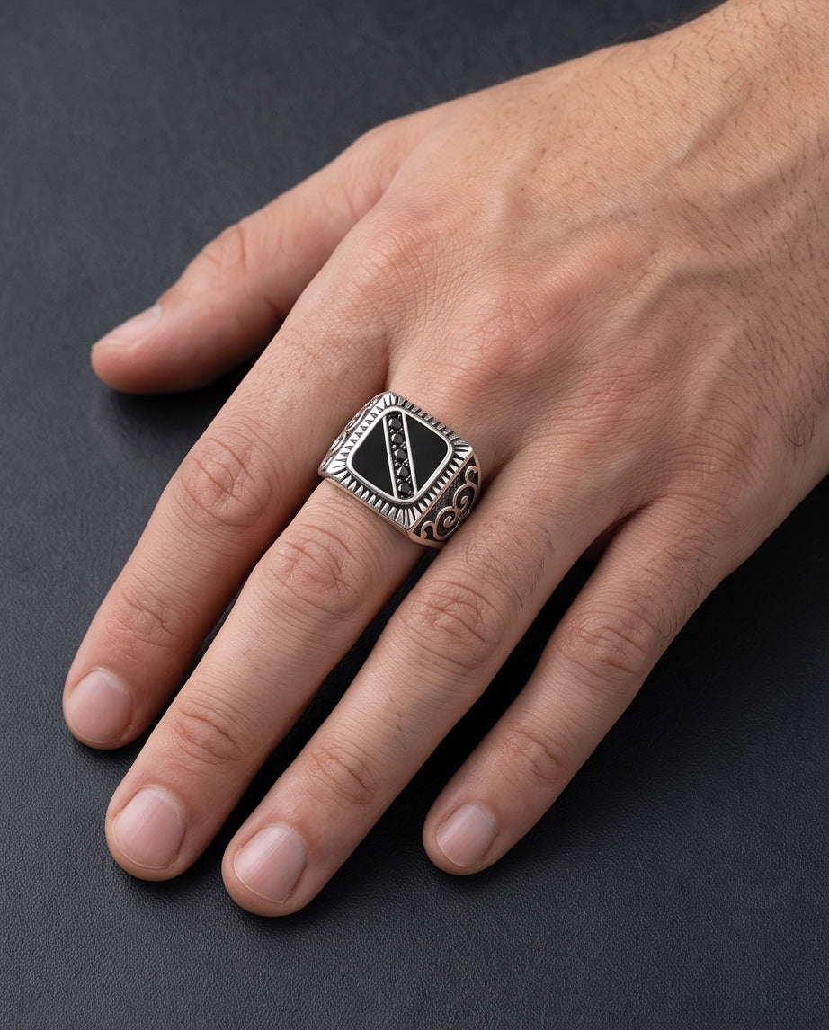 Dark-Stone Channel Inlay Filigree Scroll Silver Ring