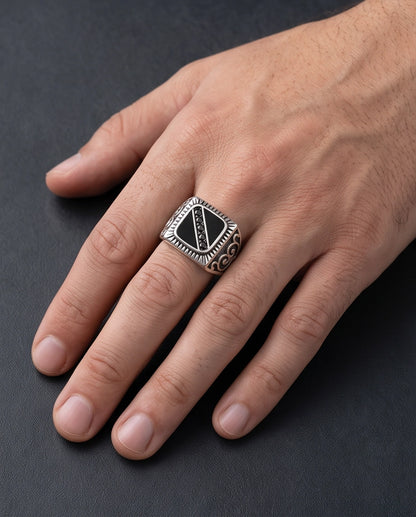 Dark-Stone Channel Inlay Filigree Scroll Silver Ring