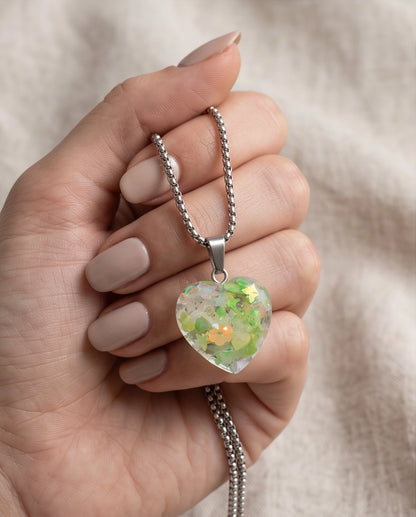 Silver Lime Green Glitter Heart Resin Pendant Necklace