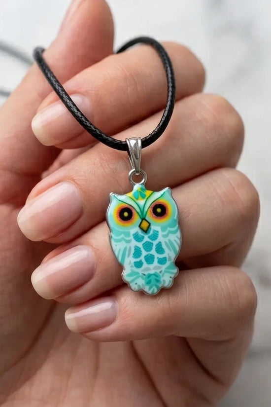 Vibrant Mint Blue Owl Totem Pendant Necklace