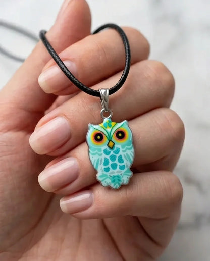 Vibrant Mint Blue Owl Totem Pendant Necklace