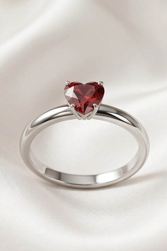 Sterling Silver Heart-Cut Red Garnet Solitaire Ring