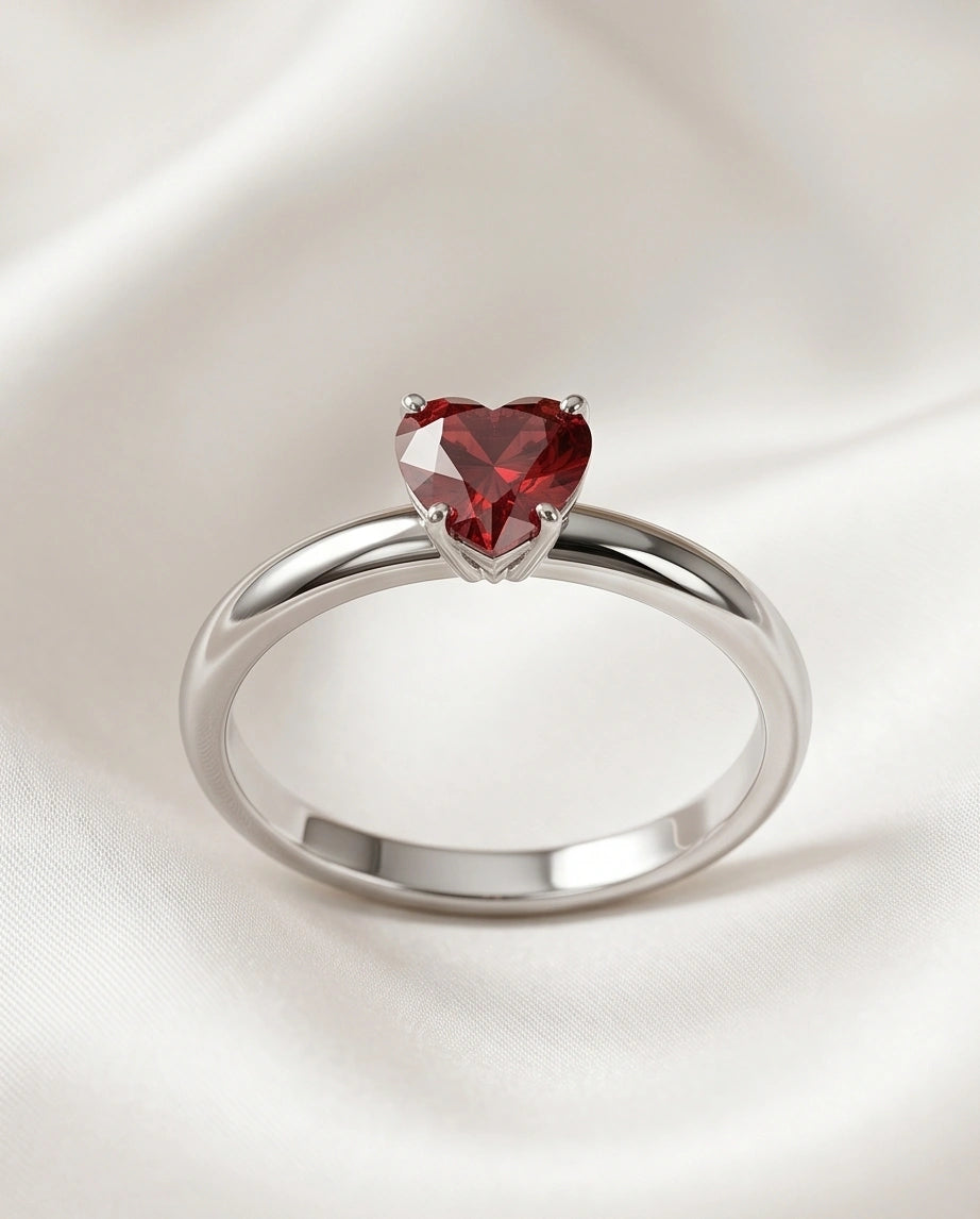 Sterling Silver Heart-Cut Red Garnet Solitaire Ring