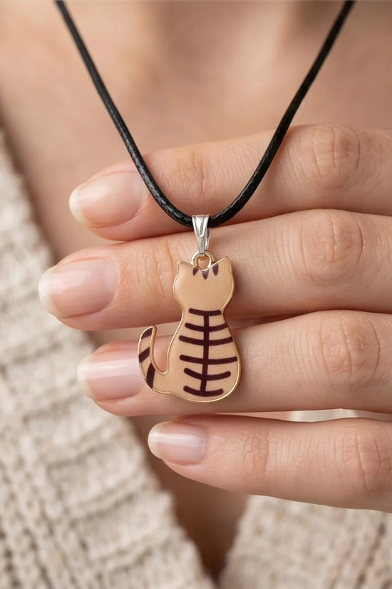 Artistic Golden Autumn Feline Silhouette Pendant Necklace