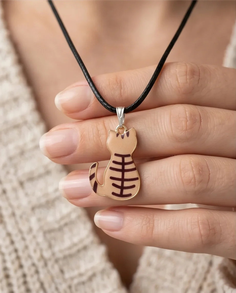 Artistic Golden Autumn Feline Silhouette Pendant Necklace