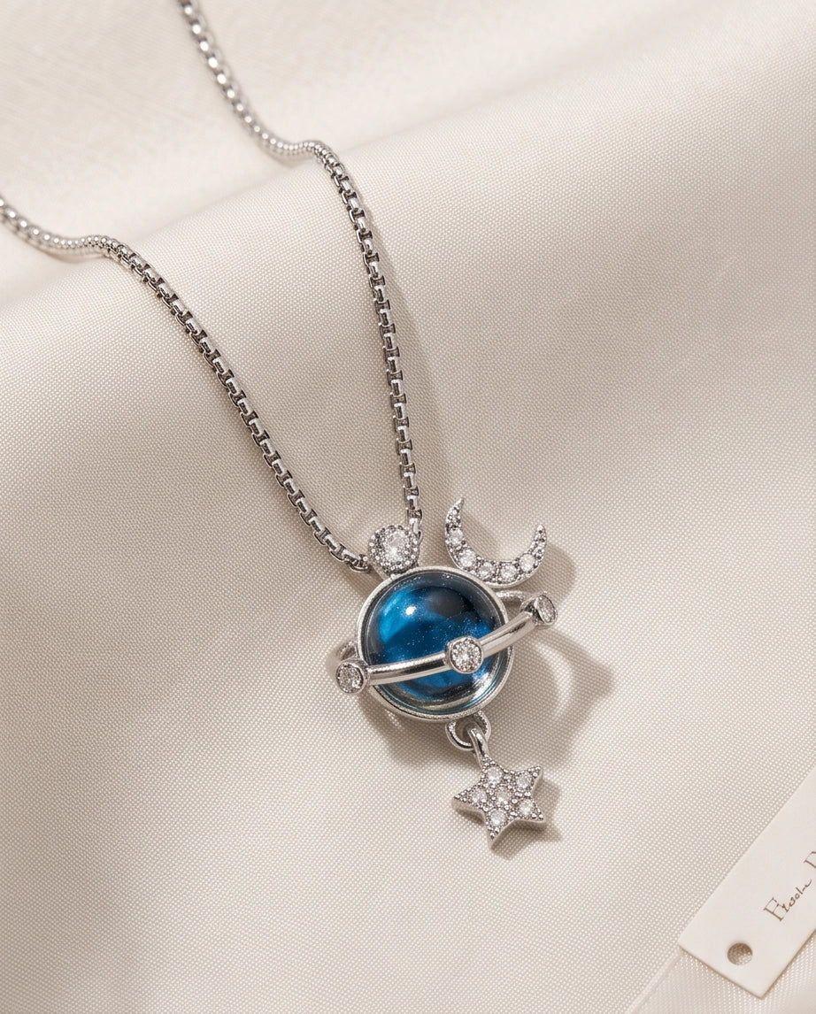 Silver Cosmic Planet Crescent Moon & Star Dangle Pendant Necklace