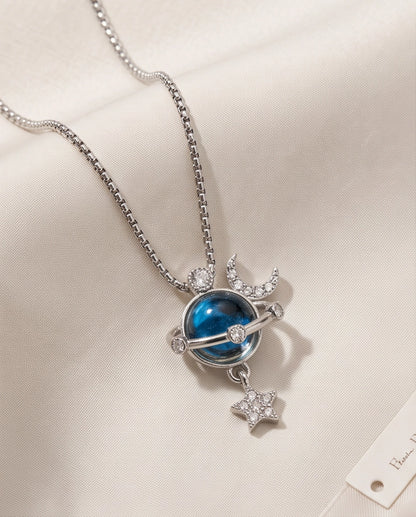 Silver Cosmic Planet Crescent Moon & Star Dangle Pendant Necklace