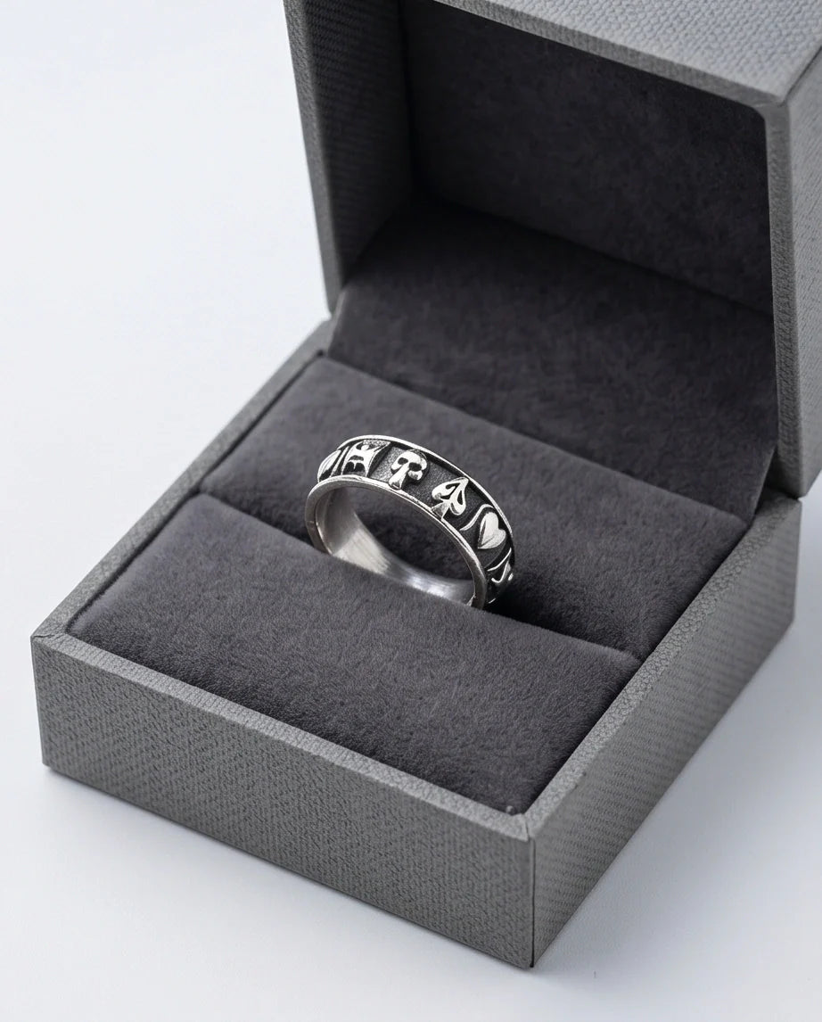 Gothic Sterling Silver Skull and Card Suits Band Ring