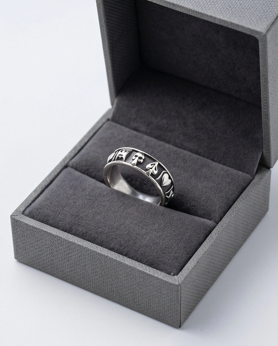 Gothic Sterling Silver Skull and Card Suits Band Ring