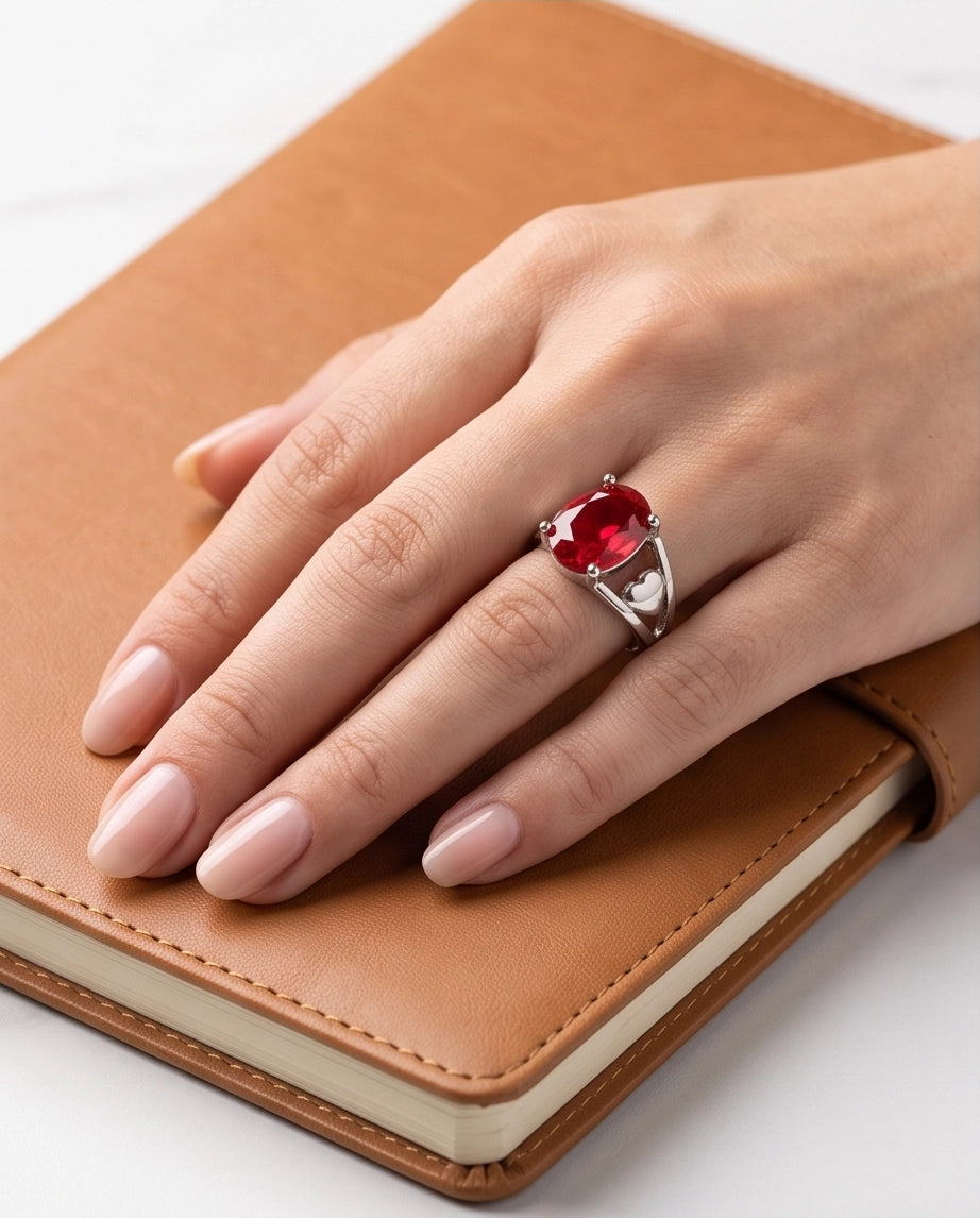 Silver Oval Ruby Heart Detail Solitaire Ring