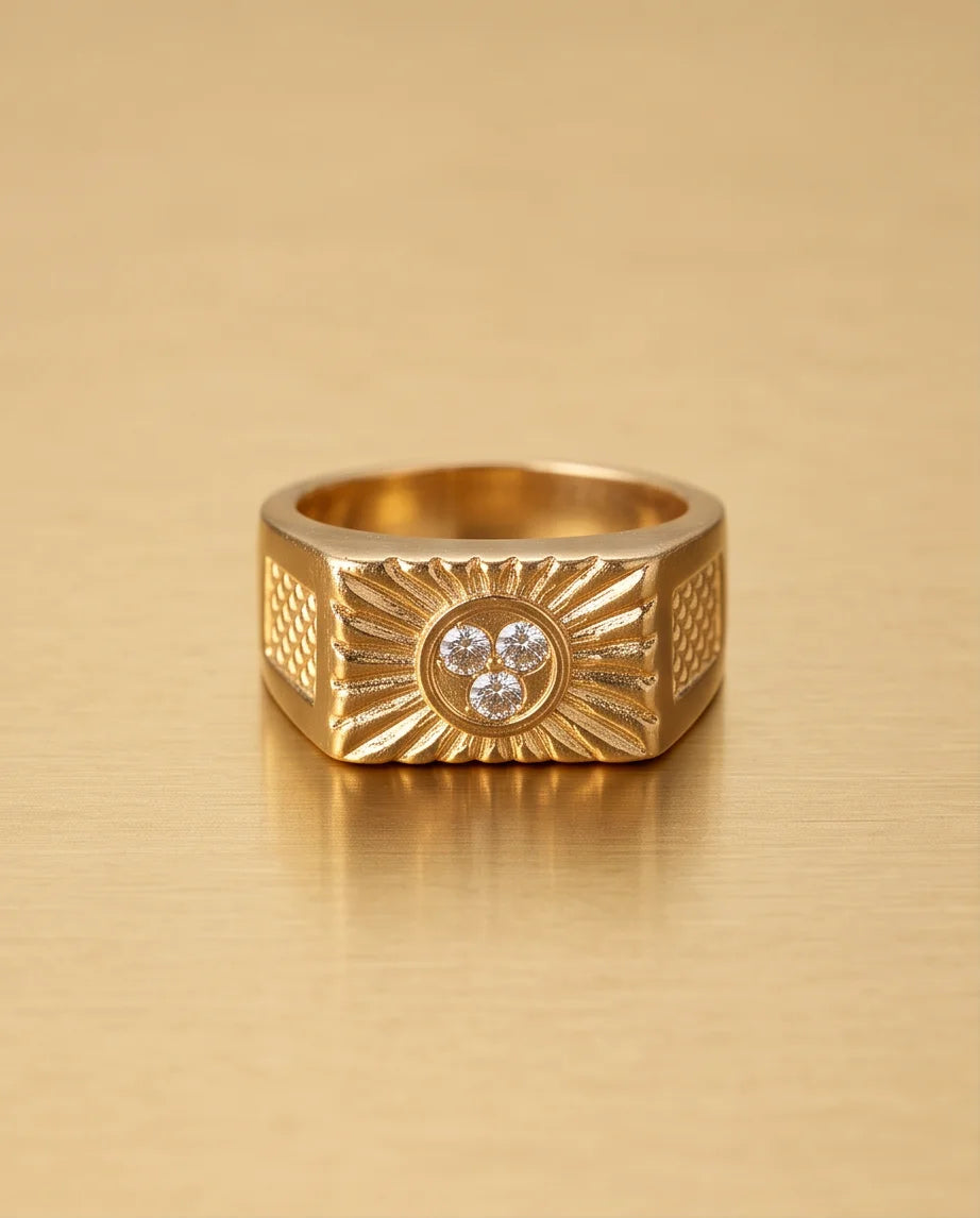Celestial Sunburst Pavé Triple-Crystal Grid Gold Ring