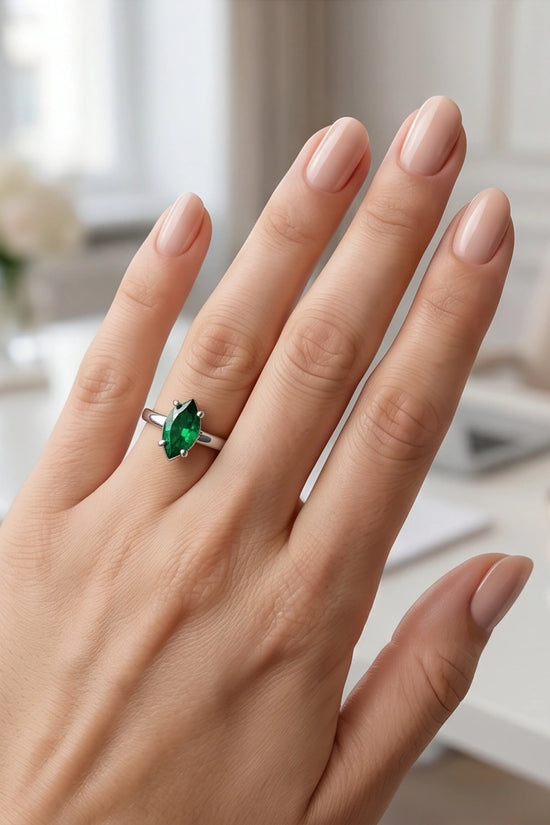 Sterling Silver Marquise-Cut Green Emerald Solitaire Ring