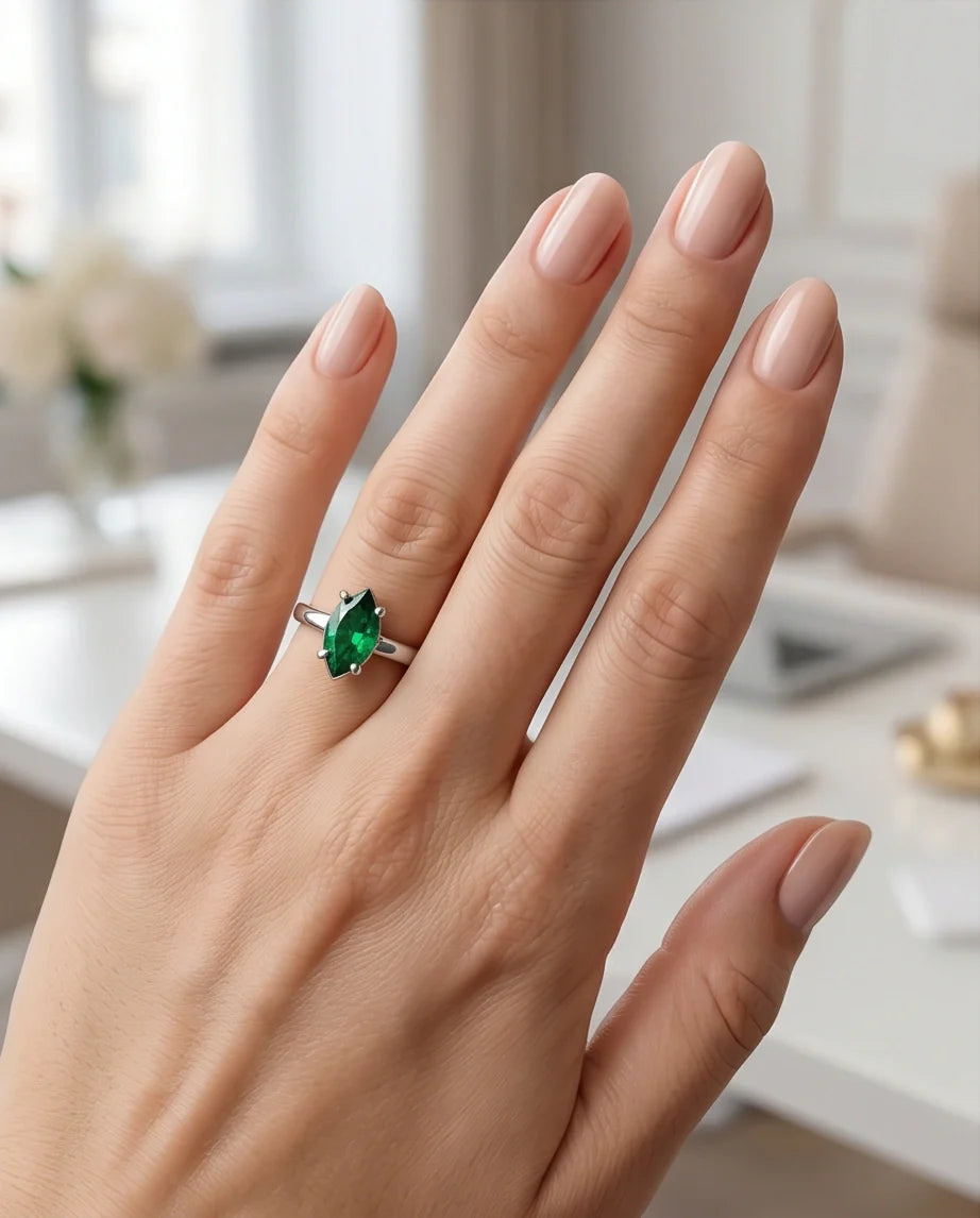 Sterling Silver Marquise-Cut Green Emerald Solitaire Ring