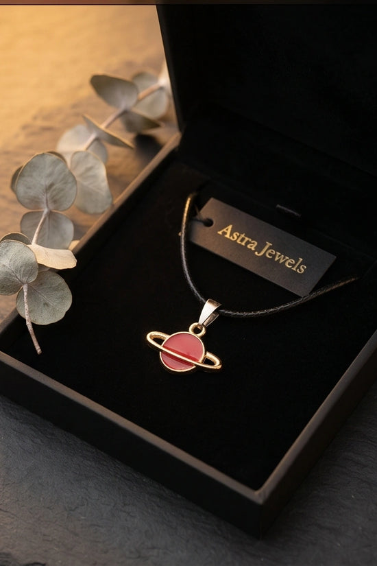 Pink Saturn Planet Enamel Pendant Necklace