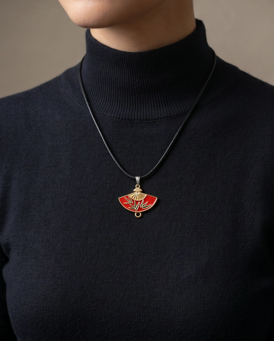 Crimson Bamboo Fan Pendant Necklace
