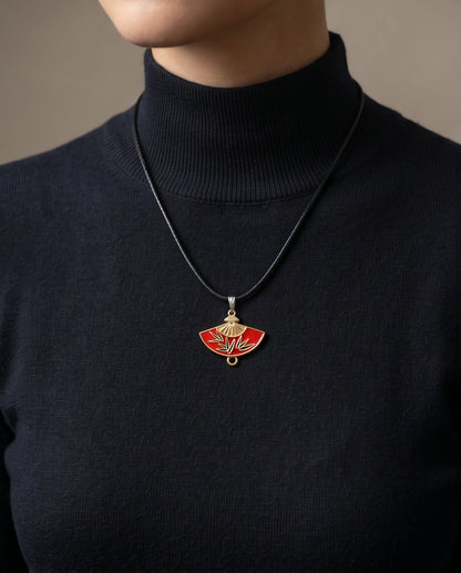 Crimson Bamboo Fan Pendant Necklace