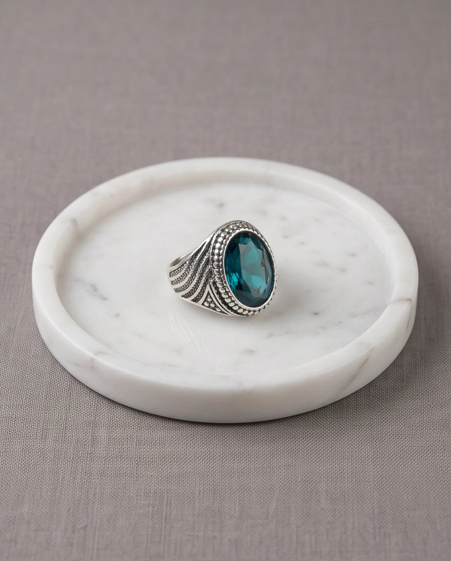 Aquamarine Gemstone Beaded Frame Wave Silver Ring