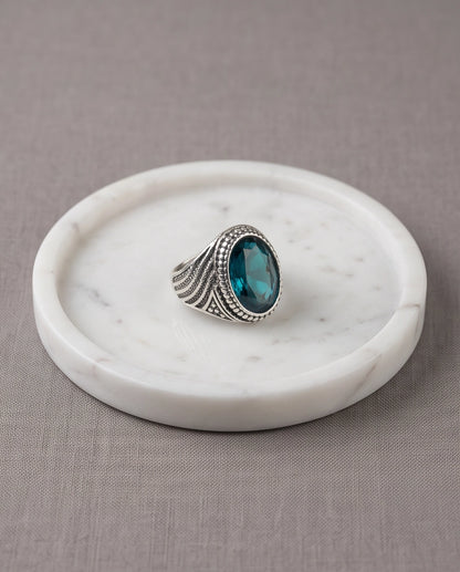 Aquamarine Gemstone Beaded Frame Wave Silver Ring