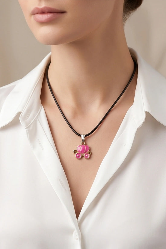 Pink Cinderella Pumpkin Carriage Enamel Pendant Necklace