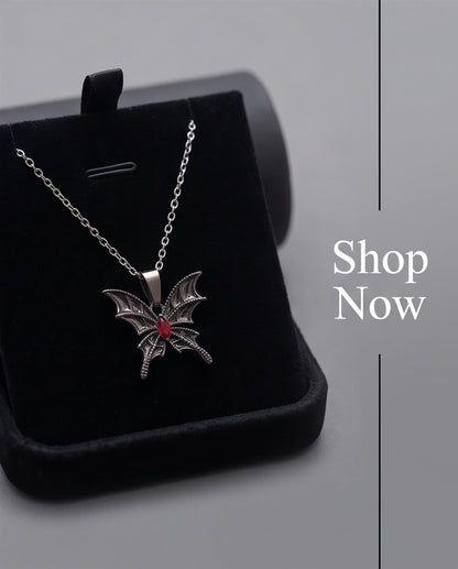 Black Bat-Wing Butterfly Red Gem Pendant Necklace