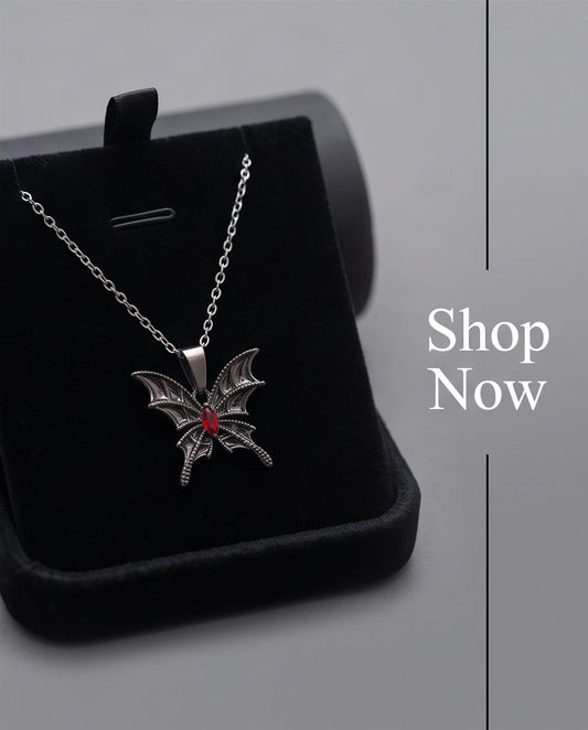 Black Bat-Wing Butterfly Red Gem Pendant Necklace