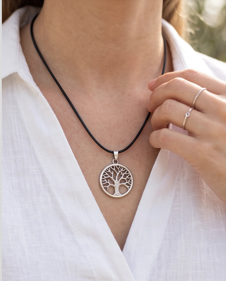 Silver Tree of Life Medallion Cord Necklace