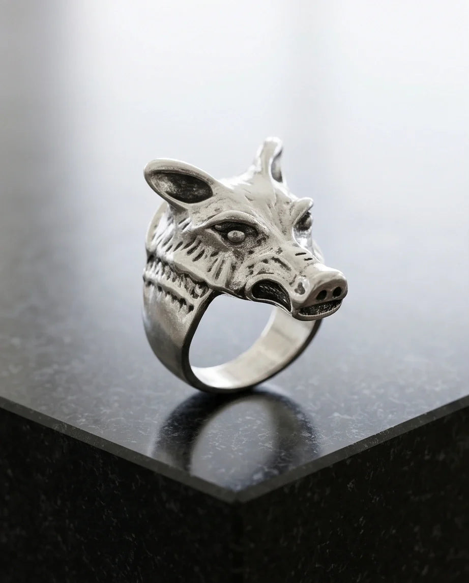 Vintage Silver Oxidized Wolf Head Viking Statement Ring