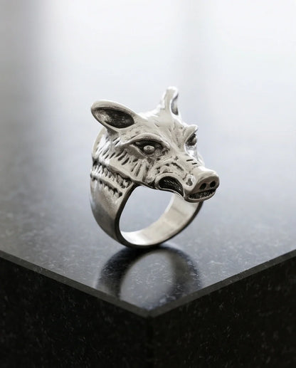 Vintage Silver Oxidized Wolf Head Viking Statement Ring