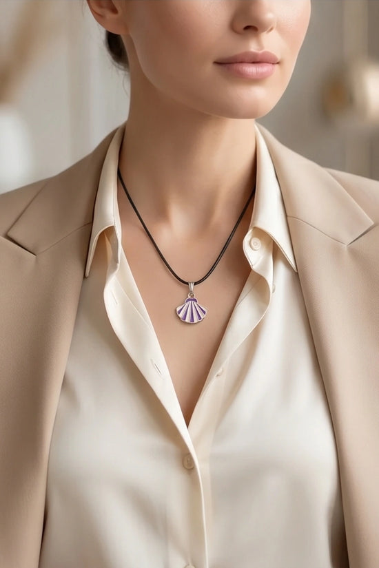 Striped Purple and White Seashell Enamel Pendant Necklace