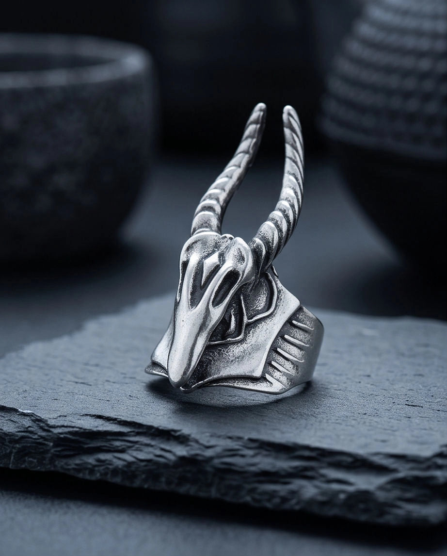 Oxidized Silver Horned Skull Sculpted Ring