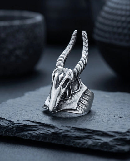 Oxidized Silver Horned Skull Sculpted Ring