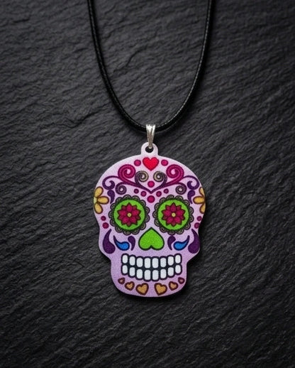 Vibrant Pastel Pink Sugar Skull Día de los Muertos Pendant Necklace