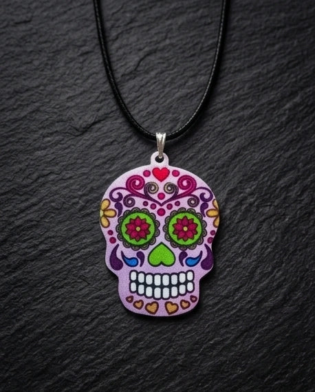 Vibrant Pastel Pink Sugar Skull Día de los Muertos Pendant Necklace