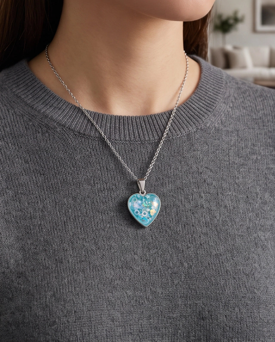 Silver Light Blue Glitter Heart Resin Pendant Necklace