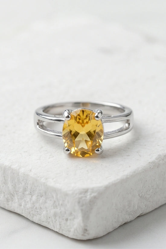 Sterling Silver Oval-Cut Split Shank Yellow Citrine Ring