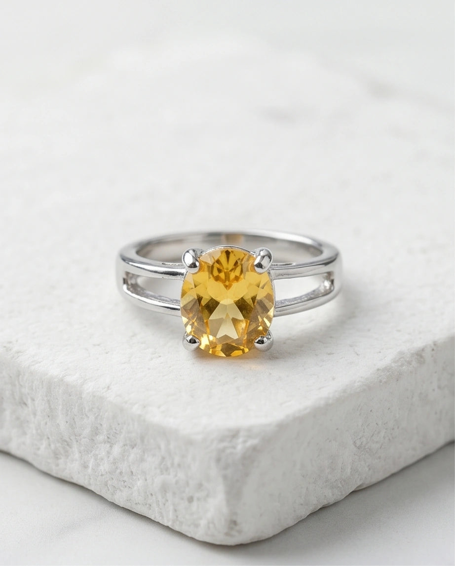 Sterling Silver Oval-Cut Split Shank Yellow Citrine Ring