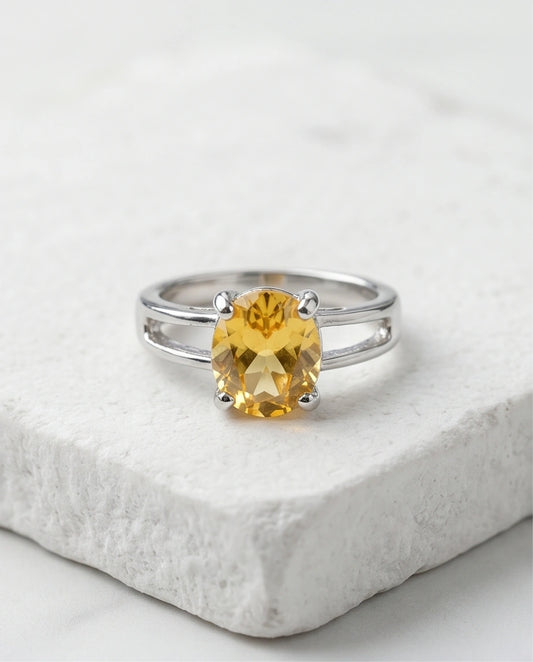 Sterling Silver Oval-Cut Split Shank Yellow Citrine Ring