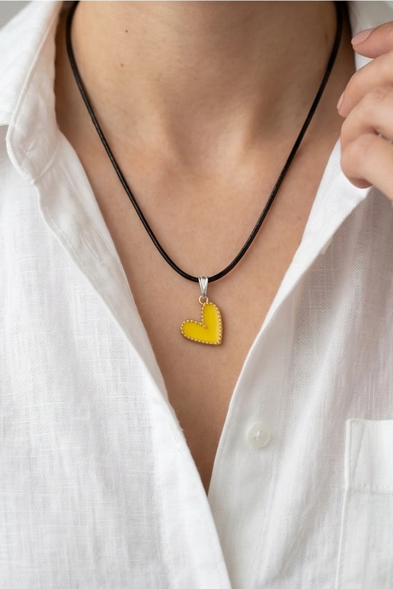 Vibrant Yellow Beaded-Edge Heart Enamel Pendant Necklace