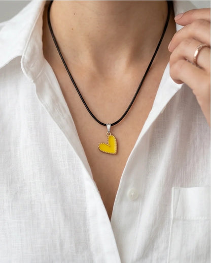 Vibrant Yellow Beaded-Edge Heart Enamel Pendant Necklace