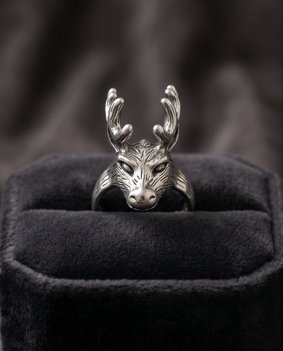 Vintage Silver Oxidized Stag Deer Antler Statement Ring