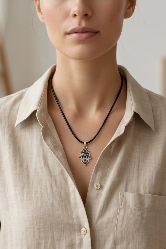 Silver Retro Hamsa Hand Necklace