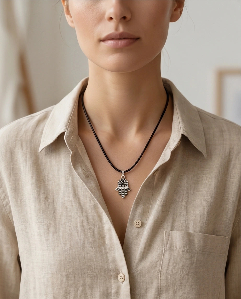 Silver Retro Hamsa Hand Necklace